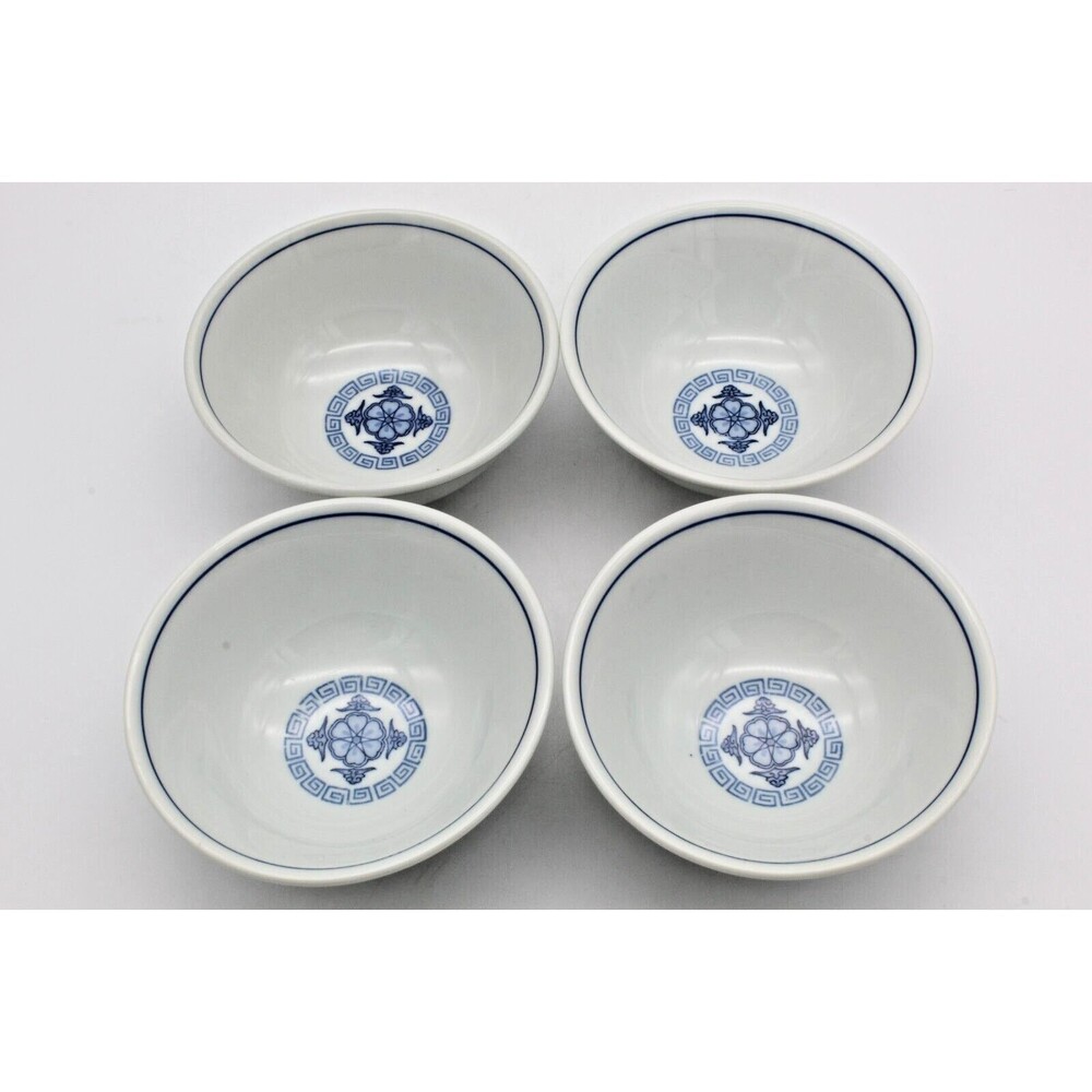 Dragon Rice Bowls Set of 4 Blue & White Stamped Japan Porcelain Flower Floral